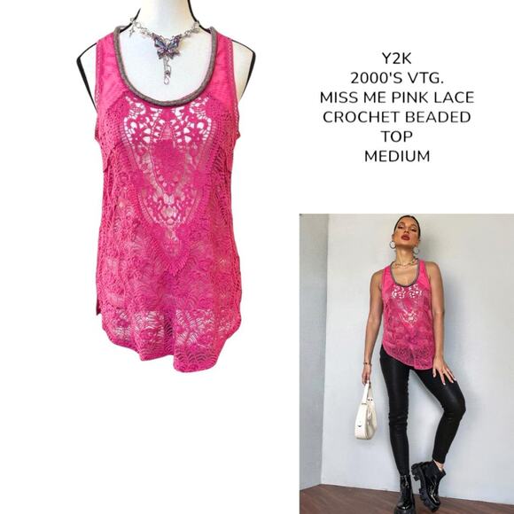 Y2K VTG. MISS ME PINK LACE CROCHET SHEER BEADED TOP BLOUSE MEDIUM - Picture 1 of 8